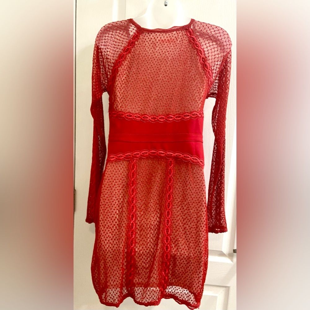 Free People 154447 Women's Lace & Mesh Body-Con Dress Red Small